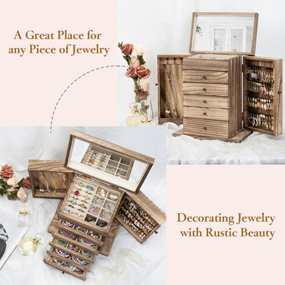 Jewelry Box for Women 6-Tier Large Jewelry Box Wooden Jewelry Boxes Rustic Jewelry Organizer Box with Mirror and Earing Display for Rings Necklaces