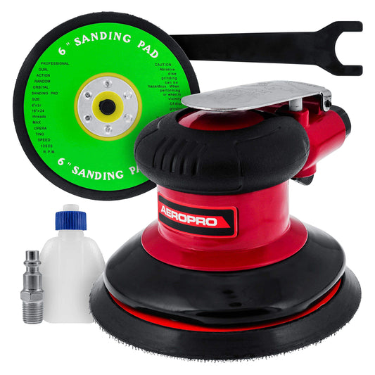 TCP Global Professional Heavy Duty 6" Dual-Action Random Orbit Air Palm Sander with Both PSA and Hook & Loop Backing Pads - Orbital Pneumatic Sanding - WoodArtSupply