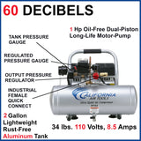 California Air Tools 2010A Ultra Quiet and Oil-Free 1.0 HP 2.0-Gallon Aluminum Tank Air Compressor,Silver California Air Tools