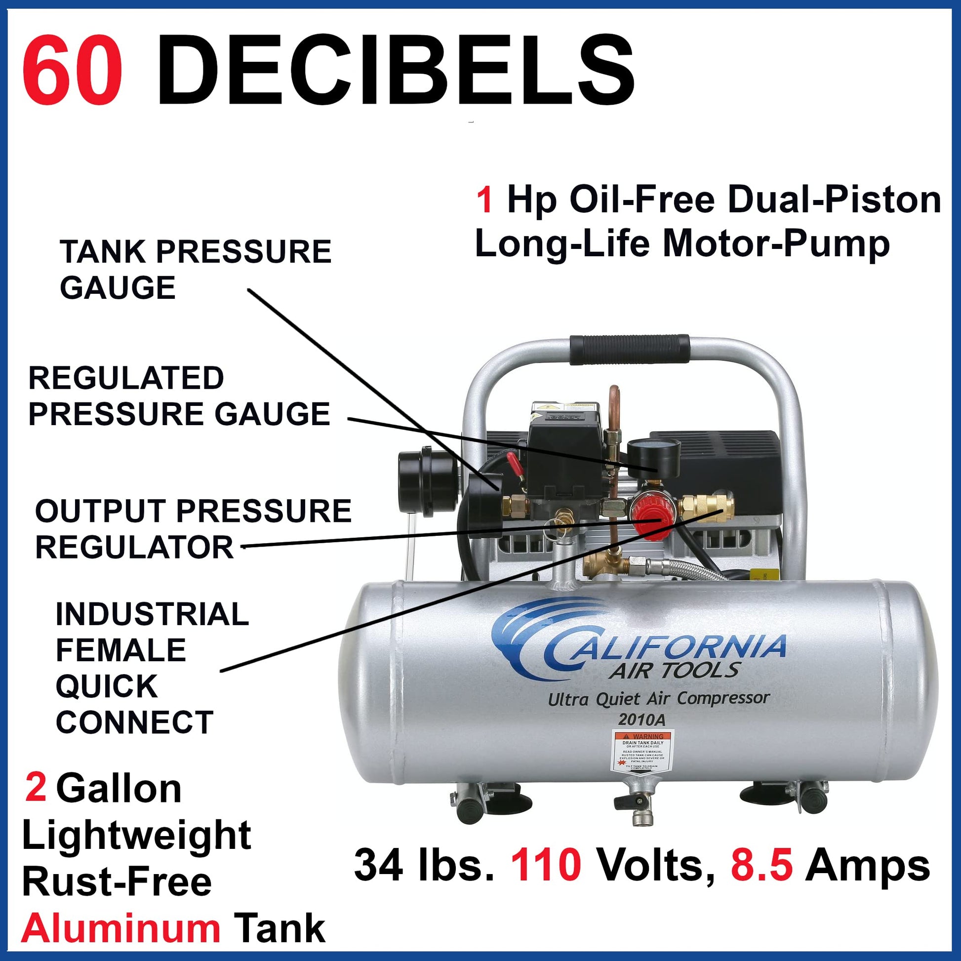 California Air Tools 2010A Ultra Quiet and Oil-Free 1.0 HP 2.0-Gallon Aluminum Tank Air Compressor,Silver - WoodArtSupply