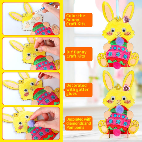 QOUBAI 36 Pack Easter Unfinished Wood Crafts for Kids DIY Coloring Easter Bunny Cutout DIY Easter Hanging Rabbit Wood Arts Crafts Ornaments for Party QOUBAI