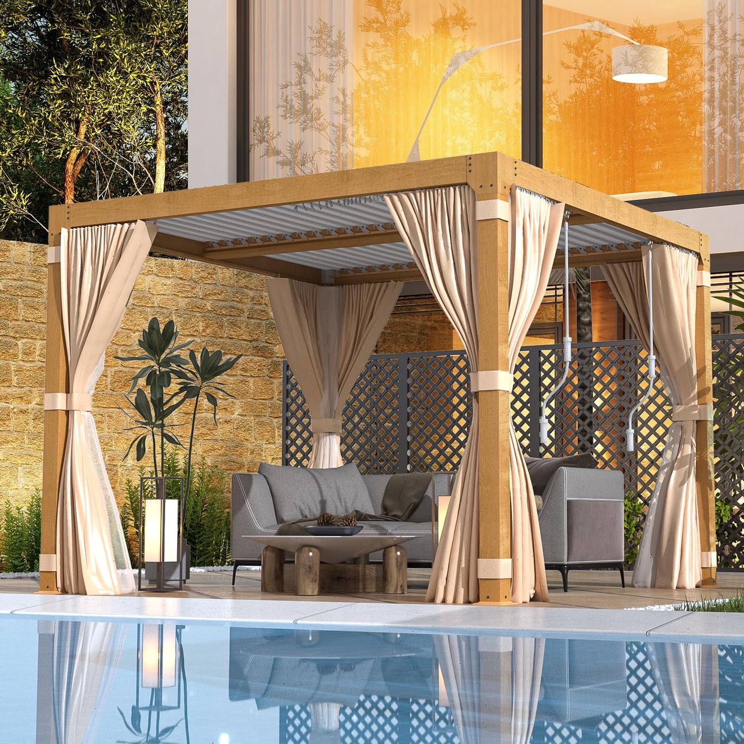 EROMMY Louvered Pergola 10' x 10' Outdoor Hard Top Gazebo with Wooden Grain Aluminum Frame and Adjustable Metal Rainproof Roof for Garden & Patio, EROMMY