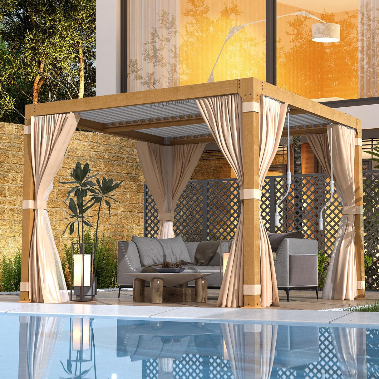 EROMMY Louvered Pergola 10' x 10' Outdoor Hard Top Gazebo with Wooden Grain Aluminum Frame and Adjustable Metal Rainproof Roof for Garden & Patio, EROMMY