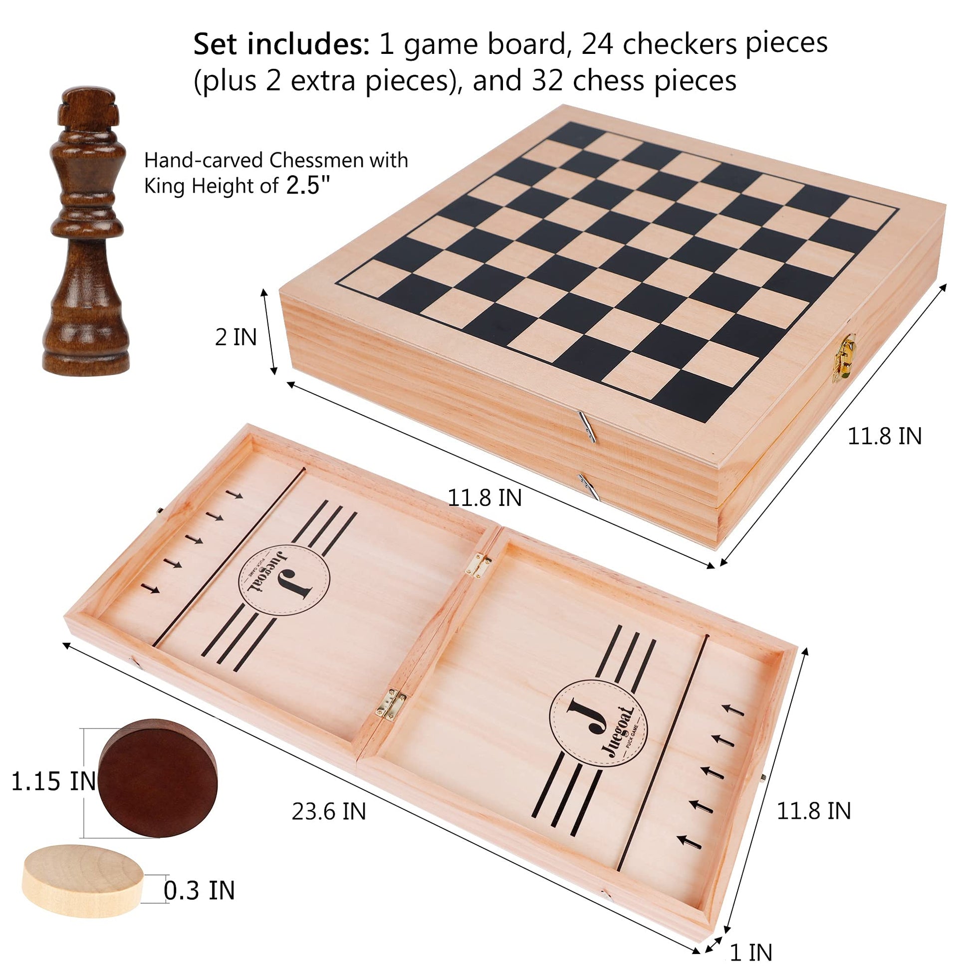 Juegoal 4-in-1 Wooden Fast Sling Puck Set for Kids and Adults, Chess, Checkers, Tic Tac Toe Games, Travel Portable Folding Tabletop Chess Board Game - WoodArtSupply