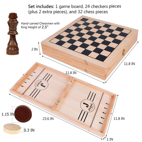 Juegoal 4-in-1 Wooden Fast Sling Puck Set for Kids and Adults, Chess, Checkers, Tic Tac Toe Games, Travel Portable Folding Tabletop Chess Board Game Juegoal