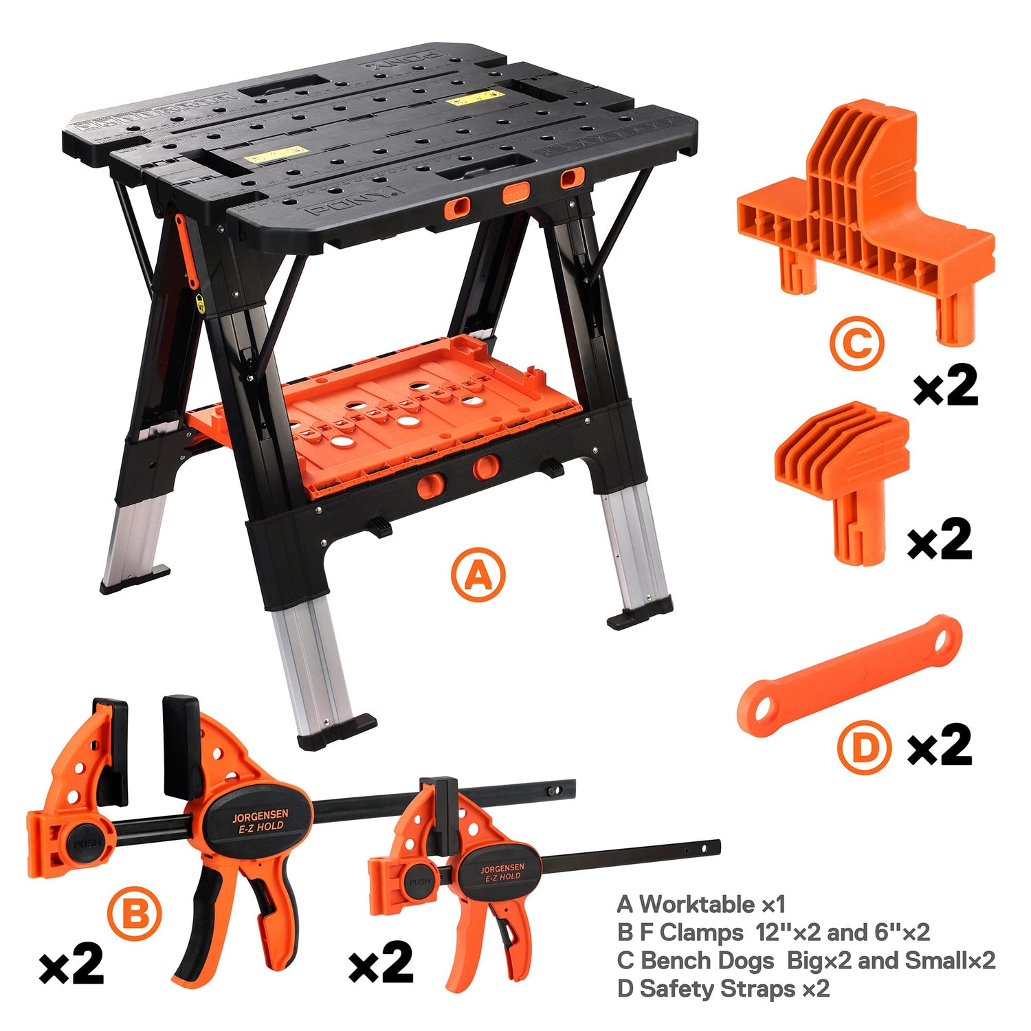 Pony Portable Folding Work Table, 2-in-1 as Sawhorse & Workbench, Load Capacity 1000 lbs-Sawhorse & 500 lbs-Workbench, 31” W×25” D×25”-32”H, with Jorgensen