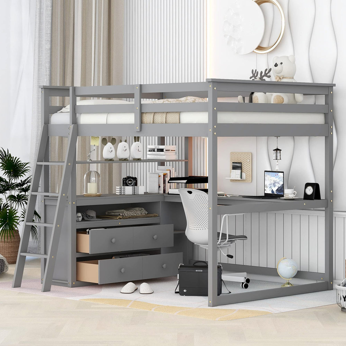 MERITLINE Modern Full Size Loft Bed with Desk, Shelves, and Storage Drawers for Kids and Teens MERITLINE