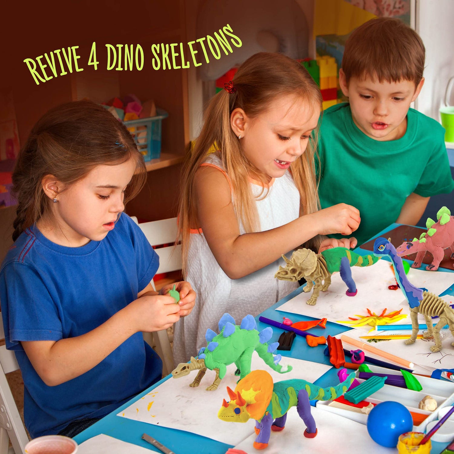 Dino Models, Clay Craft Kit - Dinosaur Arts and Crafts for Kids- Build a Dinosaur Gifts for Boys & Girls - Build 4 Dinos with Air Dry Magic Modeling Dan&Darci
