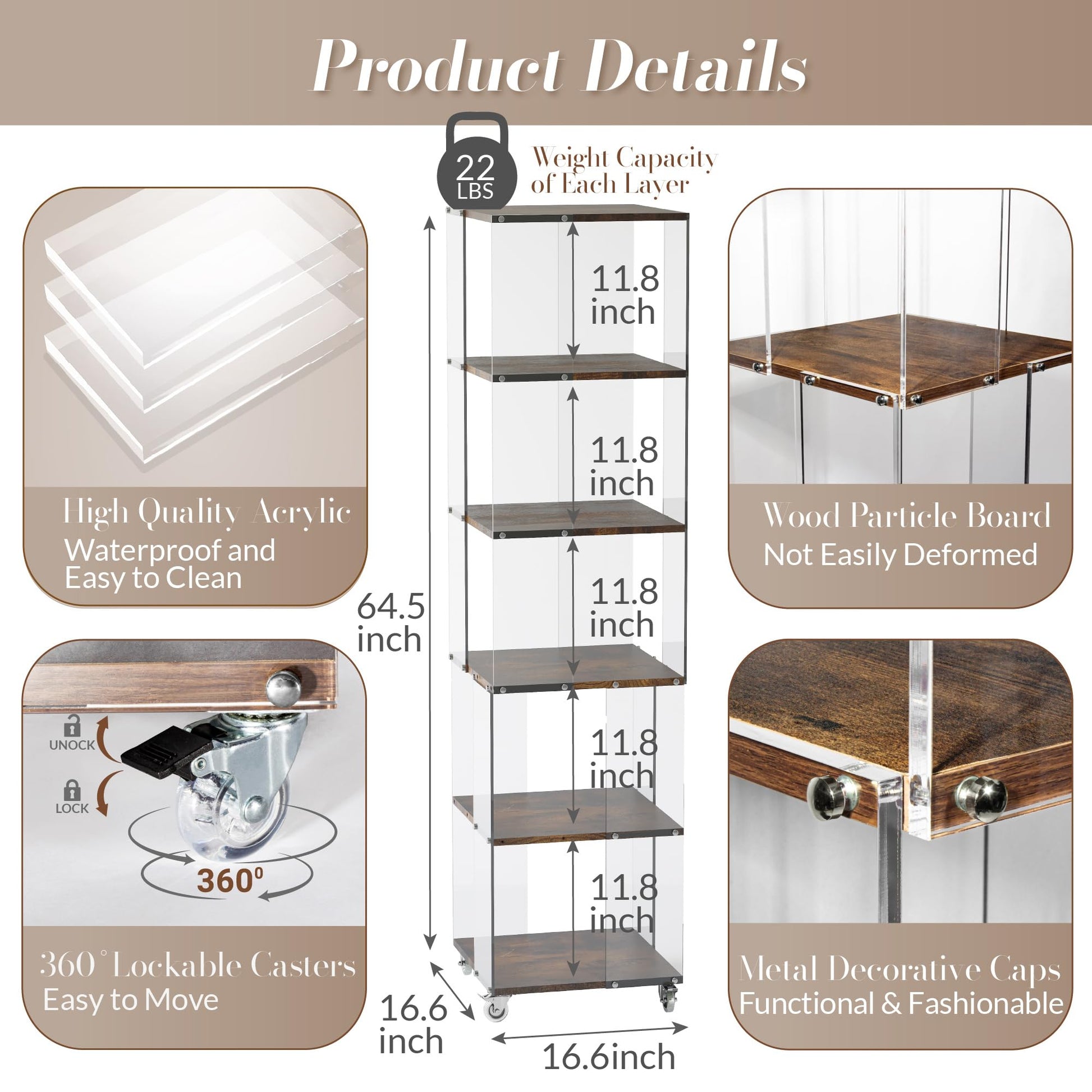 Sttoraboks 6-Tier Display Cabinet with Wheels - Dark Brown Acrylic and Wood Bookcase - WoodArtSupply