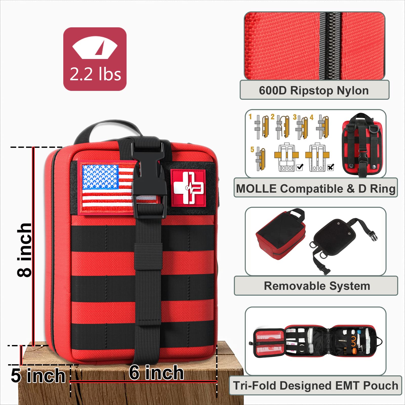 [2024 Upgrade] First Aid Kit,Survival Gear Outdoor Tactical Gear Set Military Grade Molle System for Camper Travel Hunting Hiking and Adventures（RED） - WoodArtSupply