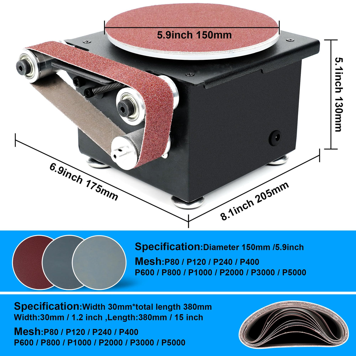 OUYANG Mini Disc Sander 6-Inch, 1.2x15in Belt Bench Grinder, Dual Motor Adjustable Speed Electric Sander Suitable for Diy Grinding of Metal, Wood, OUYANG