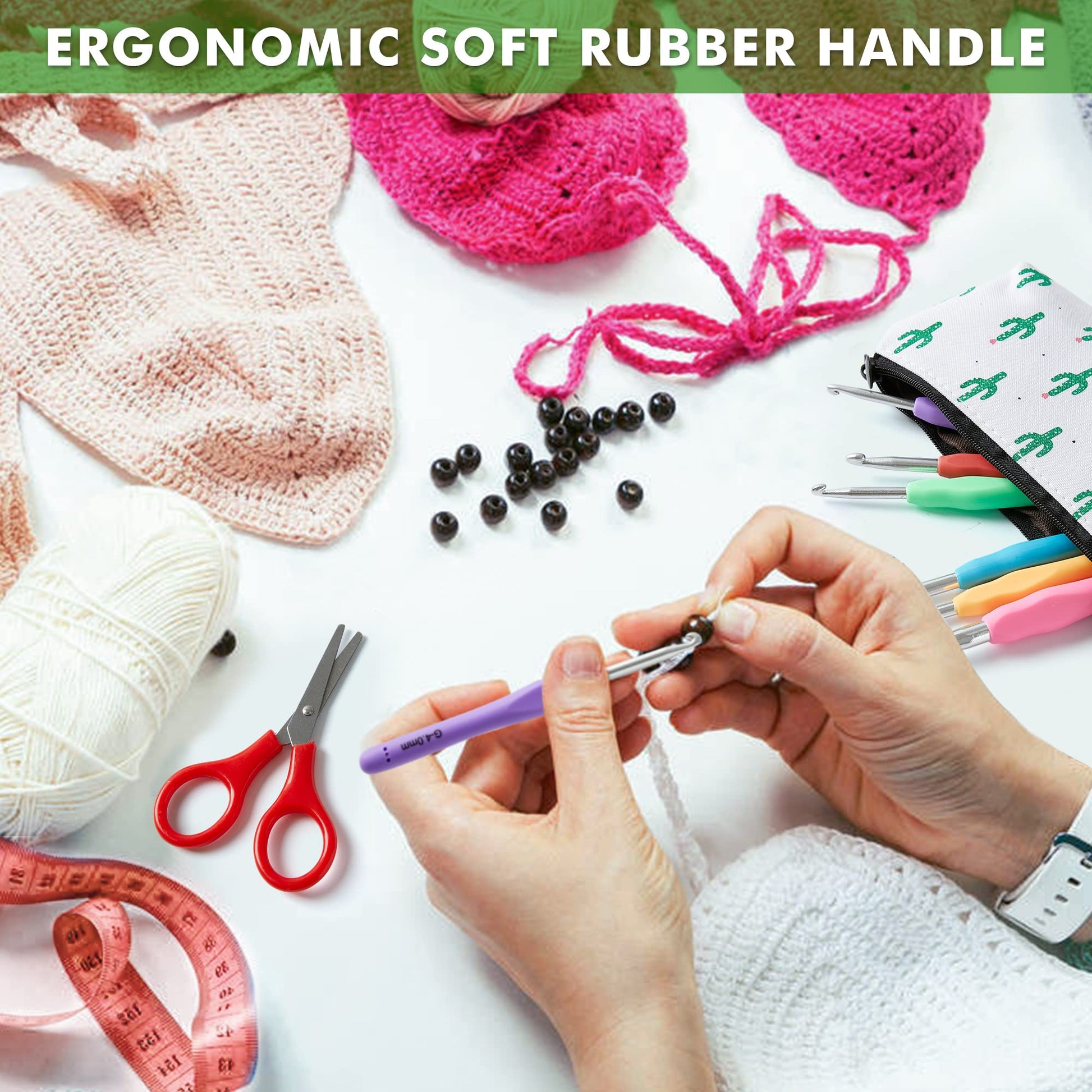 73 Pack Crochet Hooks Set, 13 Pcs 2mm(B)-10mm(N) Ergonomic Soft Grip Crochet Handles Yarn Knitting Needles Kit with Case for Arthritic Hand, Inscraft