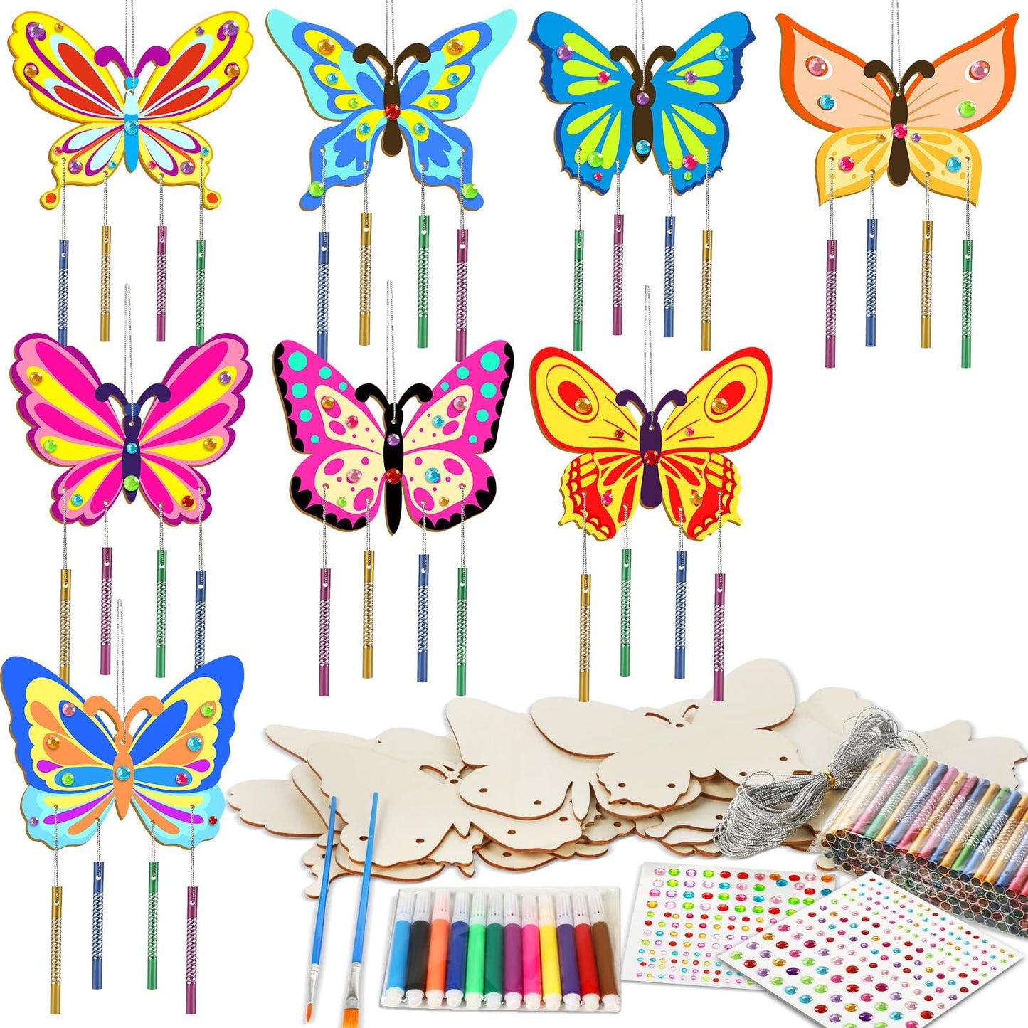 16 Pack Butterfly Wind Chime Kits Butterfly Crafts for Kids Make Your Own Butterfly Wind Chime Wooden DIY Arts and Crafts for Summer Party School