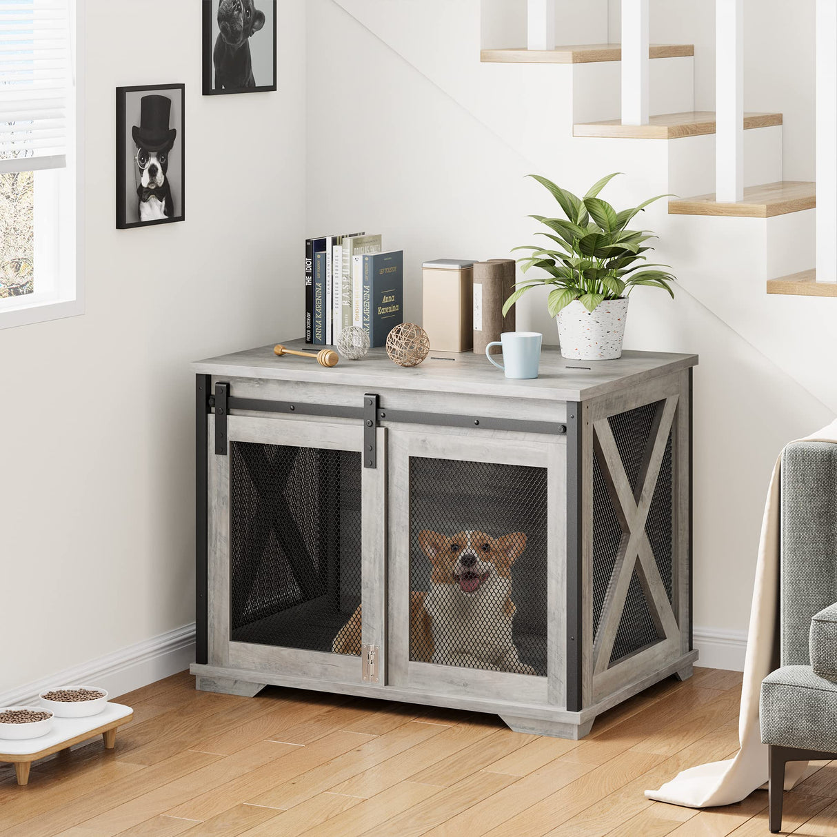 IDEALHOUSE 37'' Dog Crate Furniture Side End Table with Flip Top and Movable Divider, Wooden Dog Crate Table Large, Style Dog Kennel Side End Table IDEALHOUSE