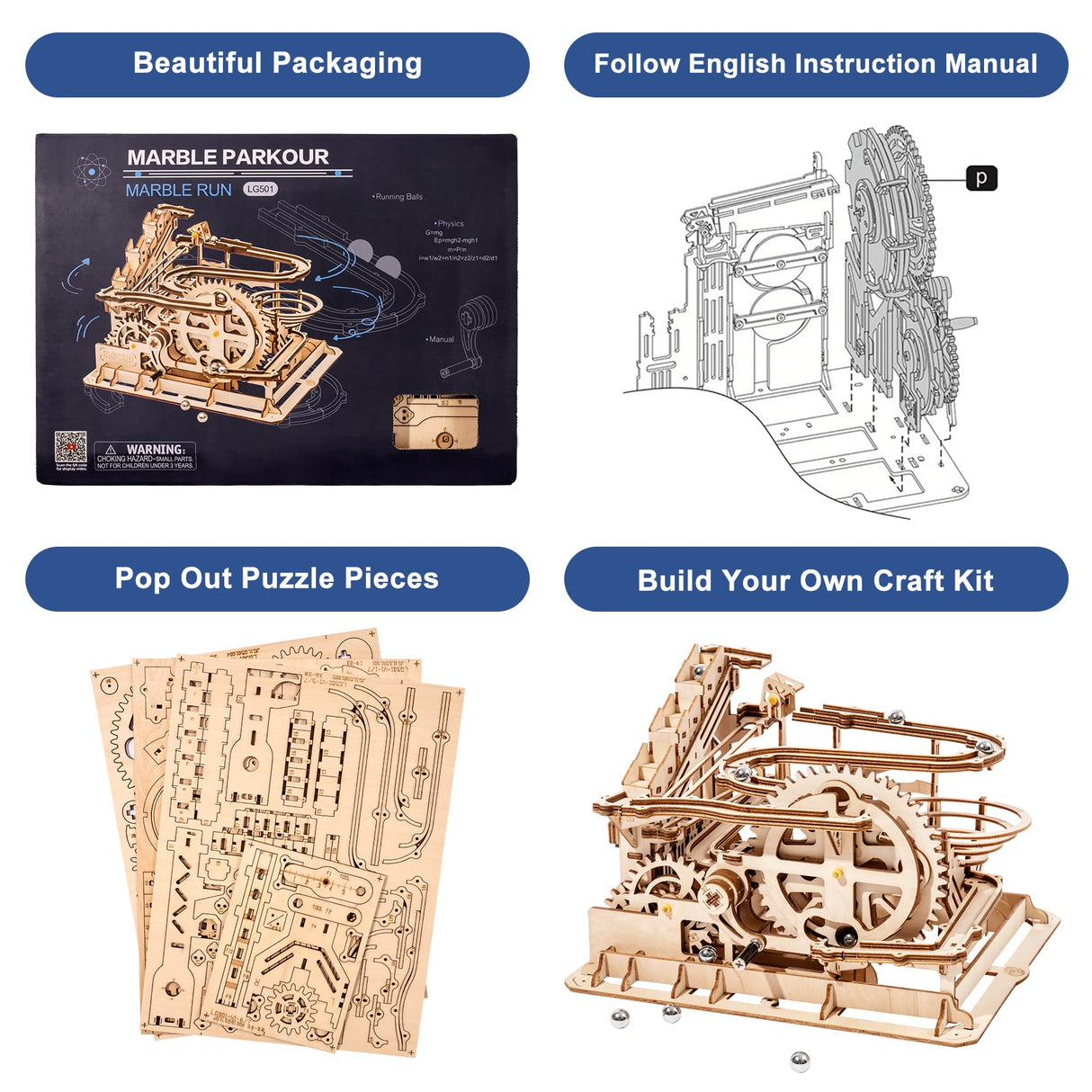 Rowood 3D Puzzles for Adults, Wooden Marblr Run Model Kit, DIY Building Kits for Adults to Build, Craft for Teens, Gift for Adults & Teen Boys Girls, Rowood