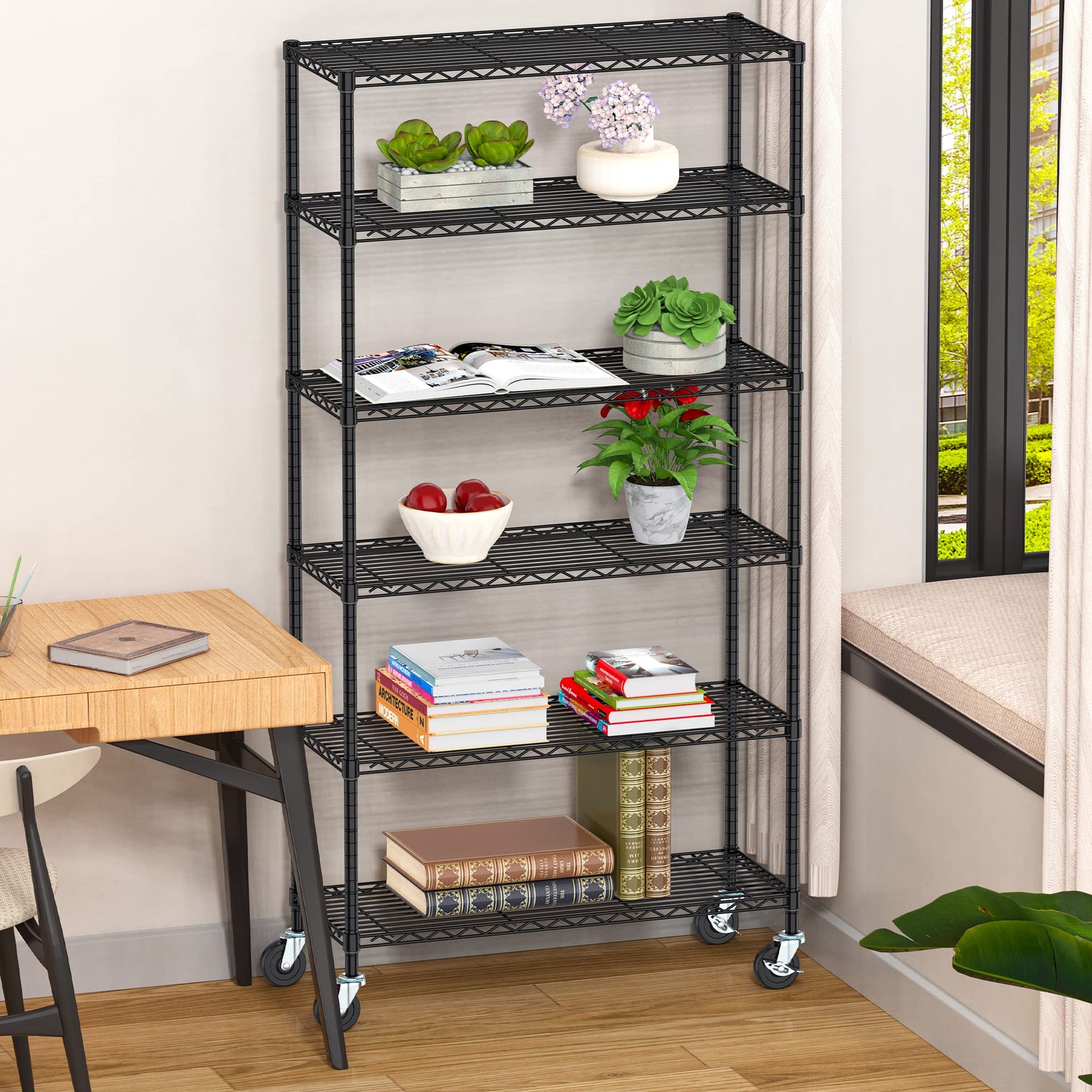 Folews 6-Tier Wire Shelving Unit with Wheels, Metal Storage Shelves Adjustable Layer Storage Rack Organizer Steel Utility Shelf for Home Kitchen - WoodArtSupply