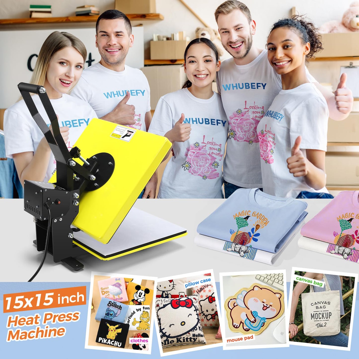 Whubefy 15x15 Clamshell Heat Press Machine for T-Shirts, Slide-Out Shirt Press Machine 3 Preset Modes for Fast Sublimation Tshirts/Mouse pad/Canva,t