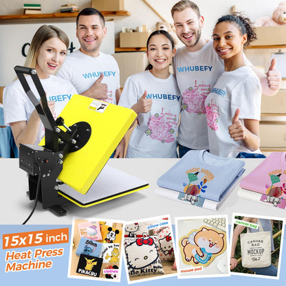 Whubefy 15x15 Clamshell Heat Press Machine for T-Shirts, Slide-Out Shirt Press Machine 3 Preset Modes for Fast Sublimation Tshirts/Mouse pad/Canva,t