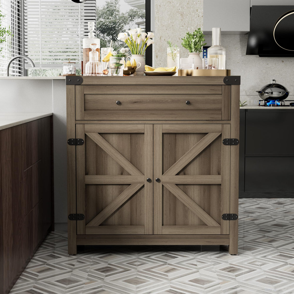 JUMMICO Coffee Bar Cabinet Farmhouse Kitchen Sideboard Buffet Cabinet with Drawer and Adjustable Shelf Barn Door Storage Cabinet for Kitchen, Dining JUMMICO