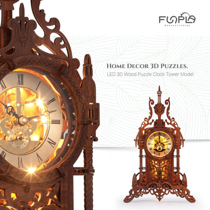 3D Wood Puzzle Clock Tower with LED Light - FUNPOLA DIY Home Décor Model - WoodArtSupply