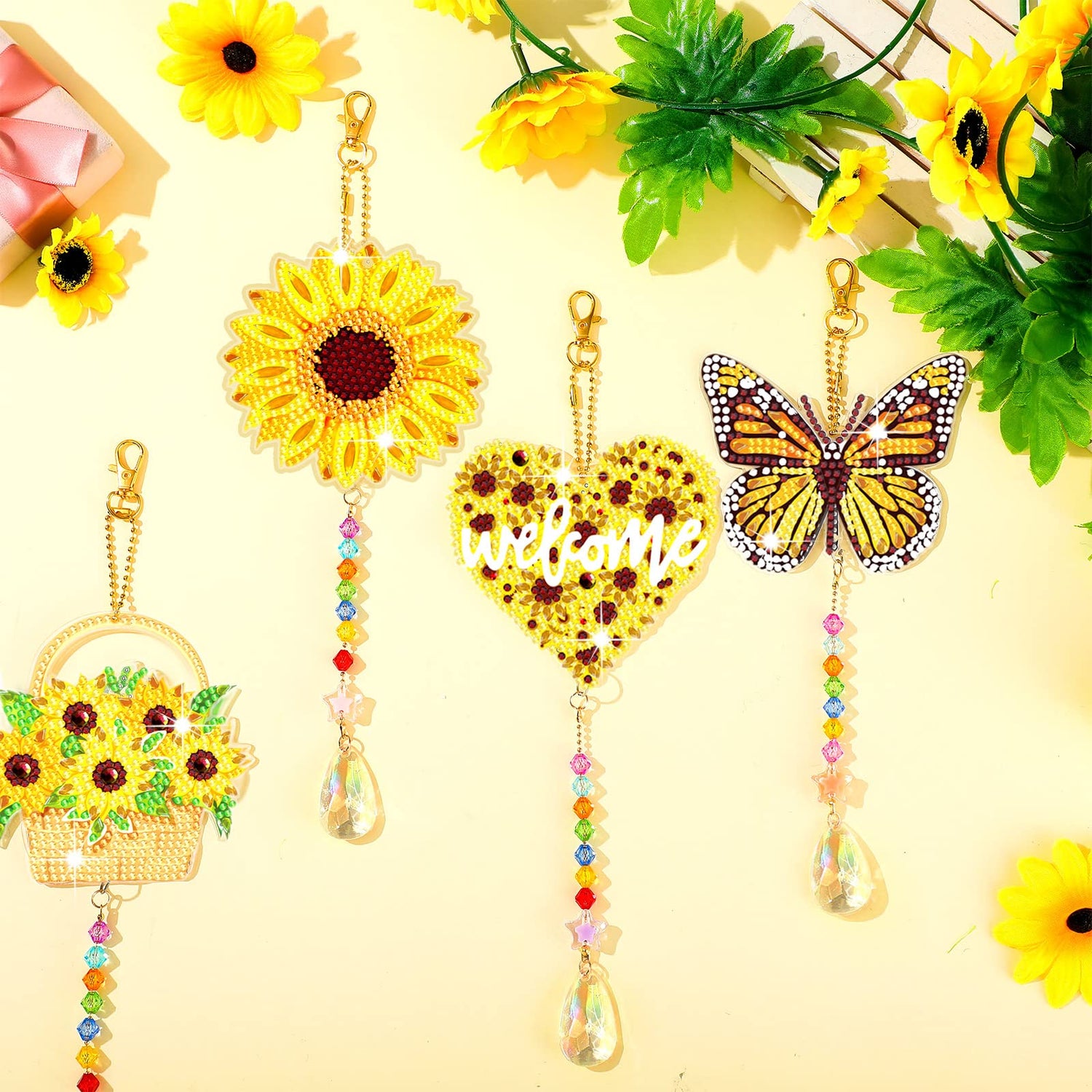 Tradder 6 Pcs 5D Sunflower Wind Chimes Kit Double Sided Butterfly Ornaments with Pendant for Summer Home Garden Hanging Ornament (2) Tradder