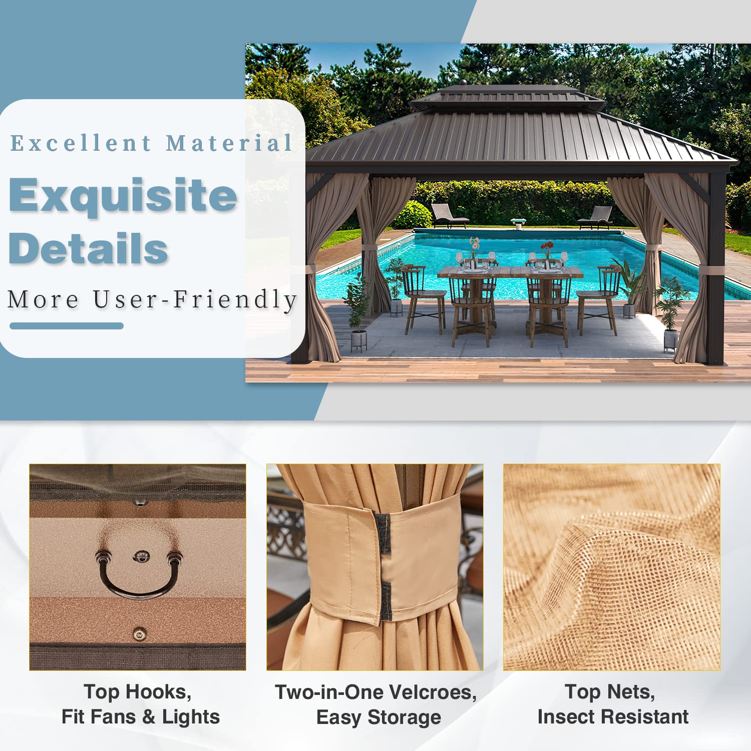 MELLCOM 10' X 13' Hardtop Gazebo Galvanized Steel Outdoor Gazebo Canopy Double Vented Roof Pergolas Aluminum Frame with Netting and Curtains for MELLCOM