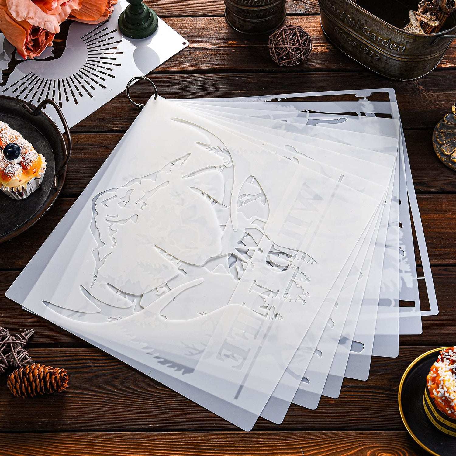 9 Pieces Forest Deer Mountain Stencils Moon Bamboo Pattern Stencils Animal Flower Reusable Templates Forest Theme DIY Stencils with Metal Open Ring Tenare
