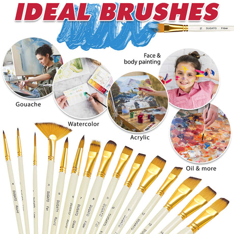 DUGATO Artist Paint Brush Set 15pcs Includes Pop-up Carrying Case with Painting Knife and 2 Sponges for Acrylic, Oil, Watercolor, Art, Scale Model, DUGATO