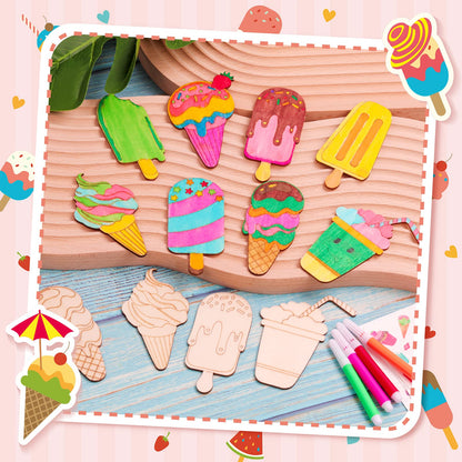 32Pcs Unfinished Ice Cream Wood Cutouts Summer DIY Wood Cutouts Wooden Arts and Crafts for Girls Boys DIY Coloring Ice Wood Cream Ornaments for