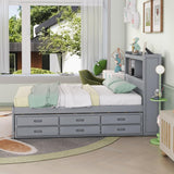 Harper & Bright Designs Grey Full Size Bed with Trundle, Bookcase Headboard, and USB Charging Station Harper & Bright Designs
