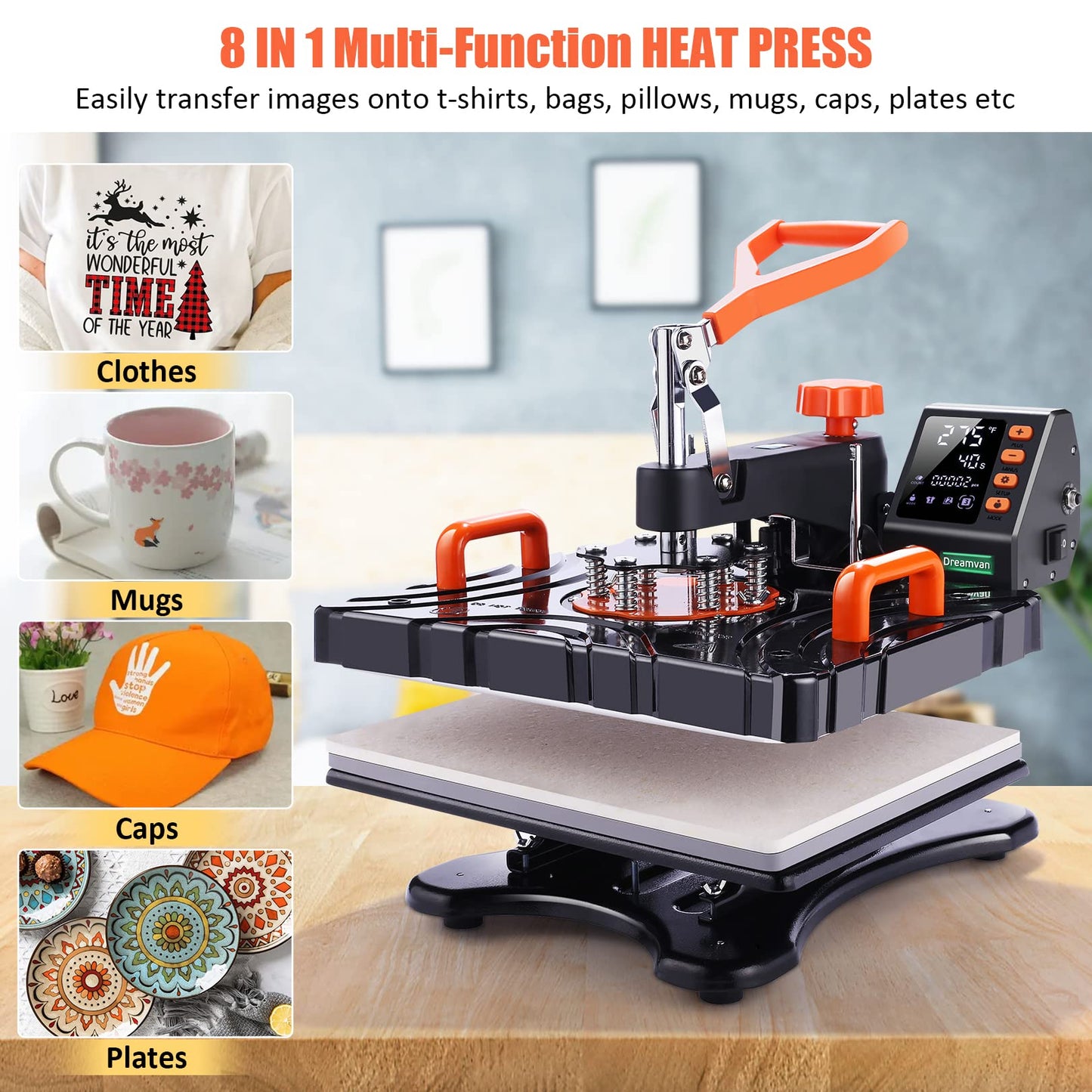 DREAMVAN Heat Press Machine, Upgraded 8 in 1 Heat Transfer Machine, 12" X 15" Digital Industrial Sublimation Heat Printing Combo with 360 Degree - WoodArtSupply