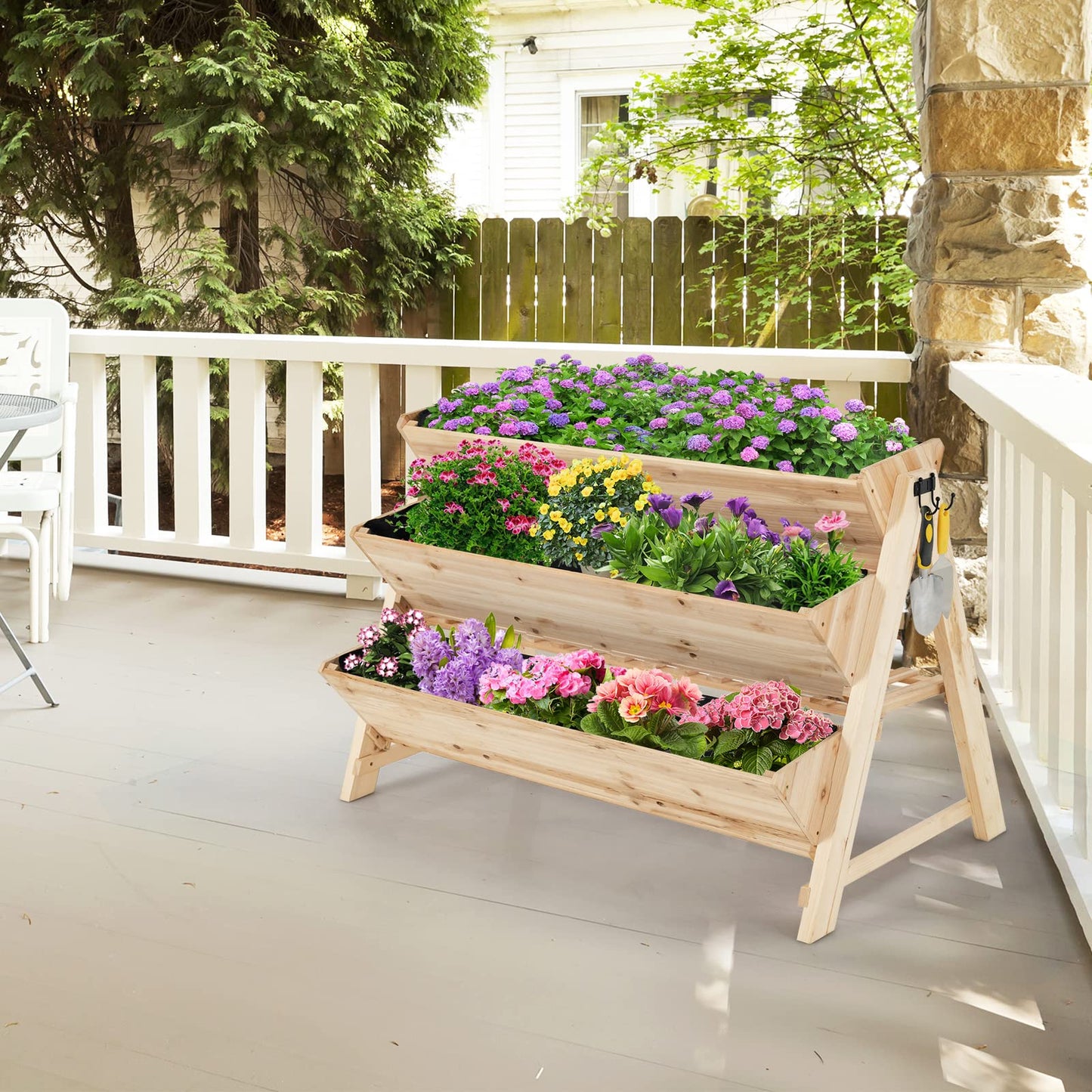 Giantex Raised Garden Bed, Vertical Planter with Storage Shelf, 3 Tier Elevated Planter Box with Side Hooks, Indoor Outdoor Wood Garden Bed for