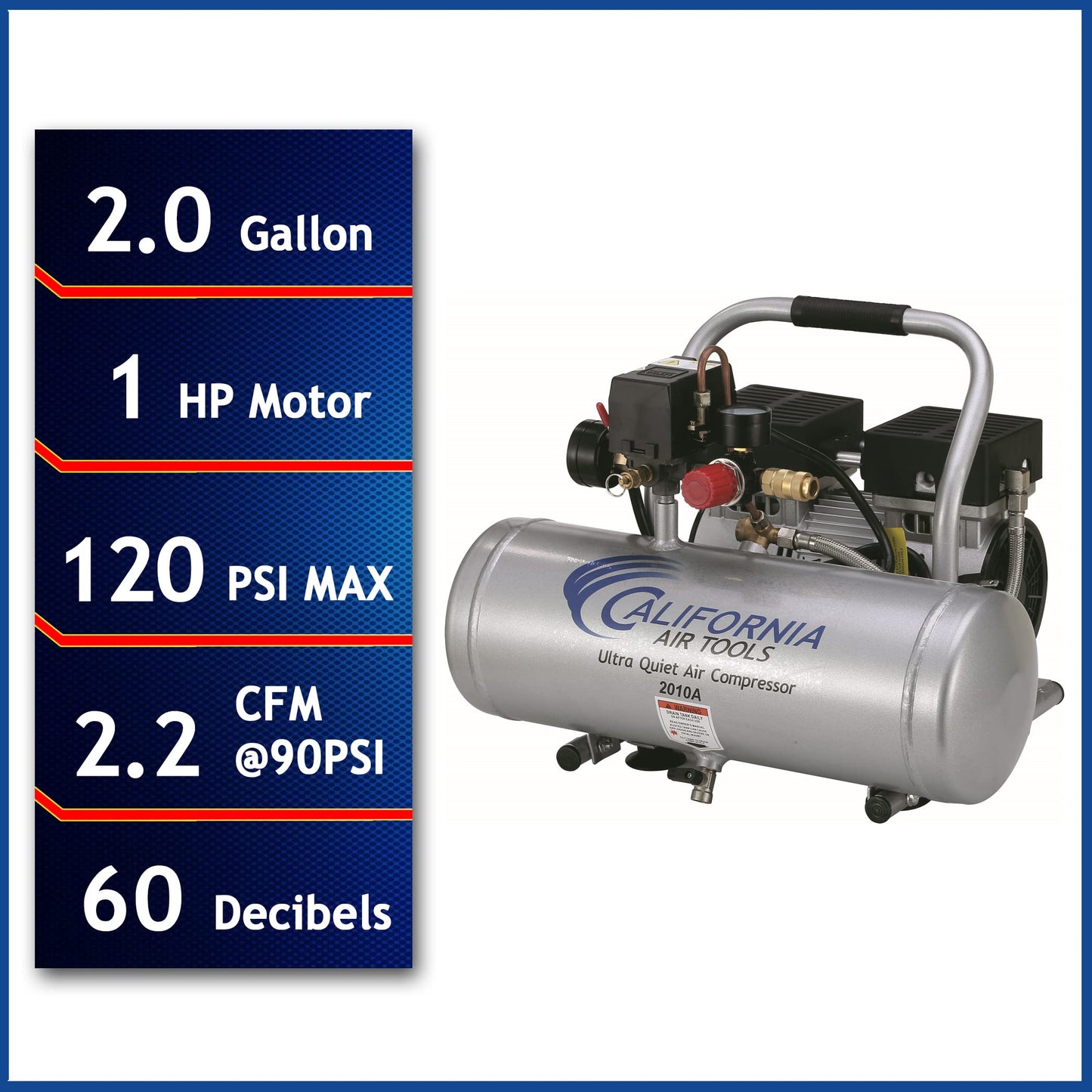 California Air Tools 2010A Ultra Quiet and Oil-Free 1.0 HP 2.0-Gallon Aluminum Tank Air Compressor,Silver - WoodArtSupply