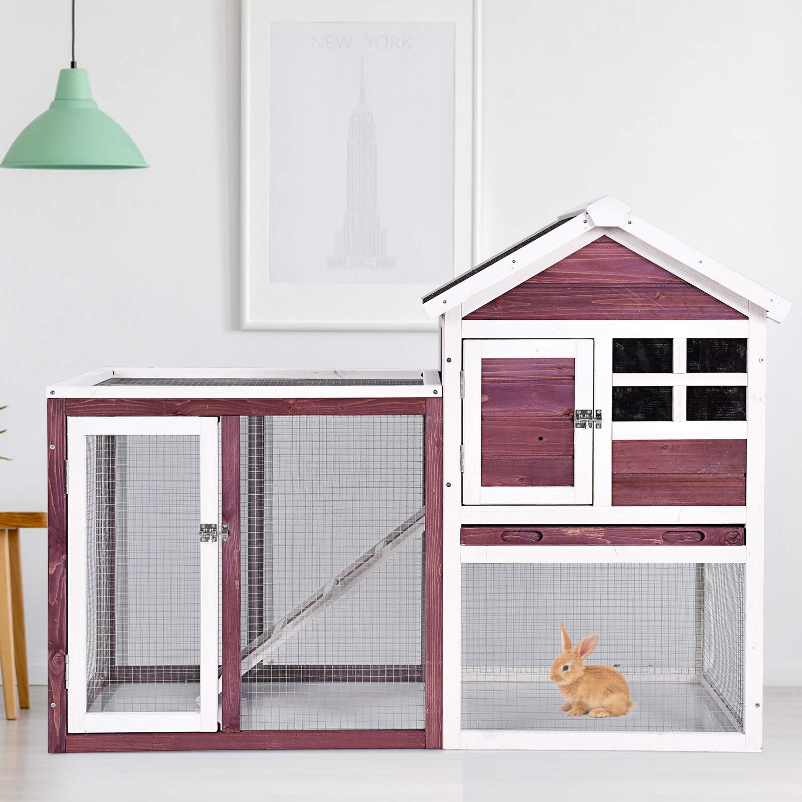 Tangkula Rabbit Hutch, Indoor Outdoor Bunny Cage with Run, Wooden Rabbit Cage with Waterproof Roof & Pull Out Tray, Chicken Coop Pet House for - WoodArtSupply