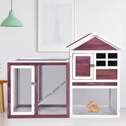 Tangkula Rabbit Hutch, Indoor Outdoor Bunny Cage with Run, Wooden Rabbit Cage with Waterproof Roof & Pull Out Tray, Chicken Coop Pet House for - WoodArtSupply