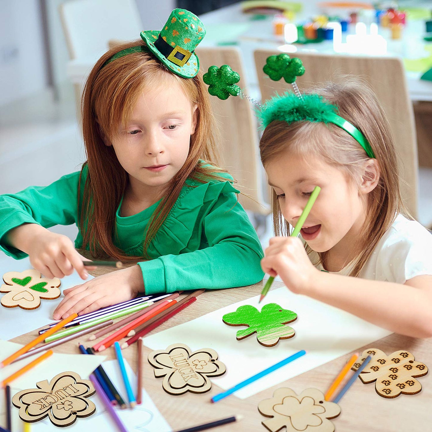 90 Pieces Shamrock Wooden Ornaments St. Patrick's Day Unfinished Wooden Ornaments Clover Shape Wood Cutouts Wood Embellishments with 90 Pieces Twines