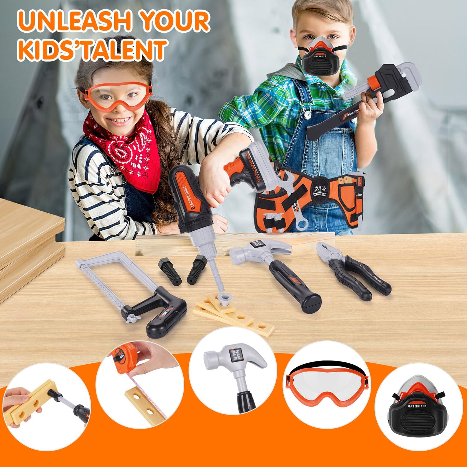 Kids Tool Set- 48PCS Toddler Tool Set Toys with Electronic Toy Drill, Tool Bag&Tool Belt&Tape Measure, Pretend Play Kids Construction Tool Kits Toy maysida