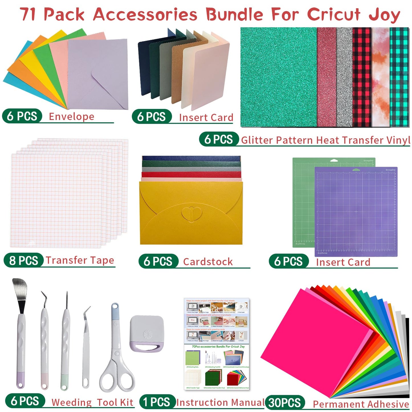 Accessories Bundle for Cricut Makers Machine Supplies- Includes Weeding Tools, Heat Transfer, Adhesive Vinyl Sheets for 71pcs Craft Starter Kit,