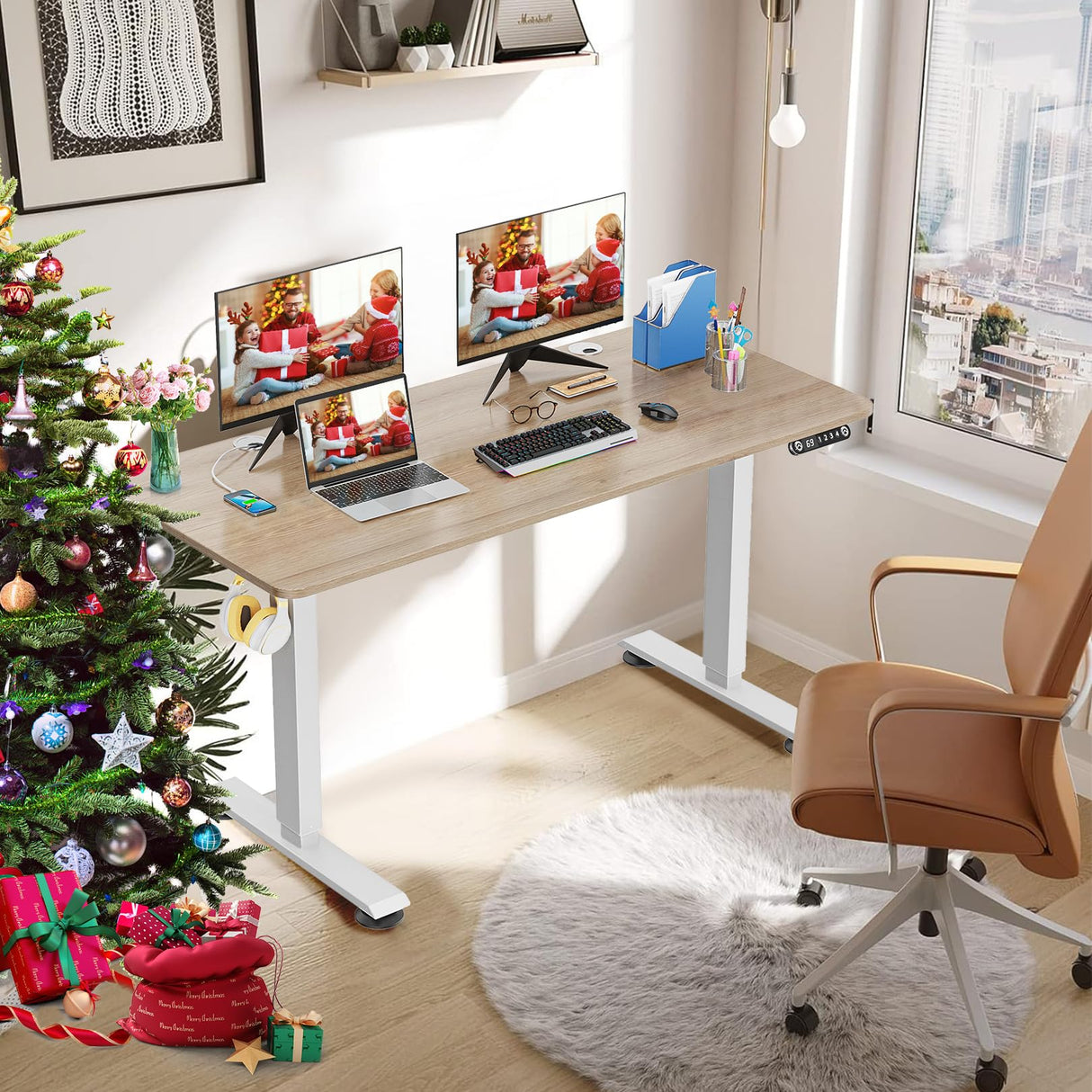 farexon Electric Standing Desk Adjustable Height, 48 x 24 inch Sit Stand Desk with Metal Metal Hook, 4 Memory Heights, 27''-45'' Lifting Range Stand farexon