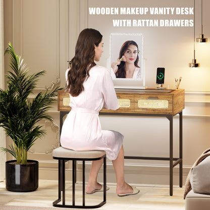 FREDEES Makeup Vanity Desk with Lights - Vanity Table with Glass Top Design & Charging Station, Vintage Makeup Desk with Rattan Drawers, Rustic Brown
