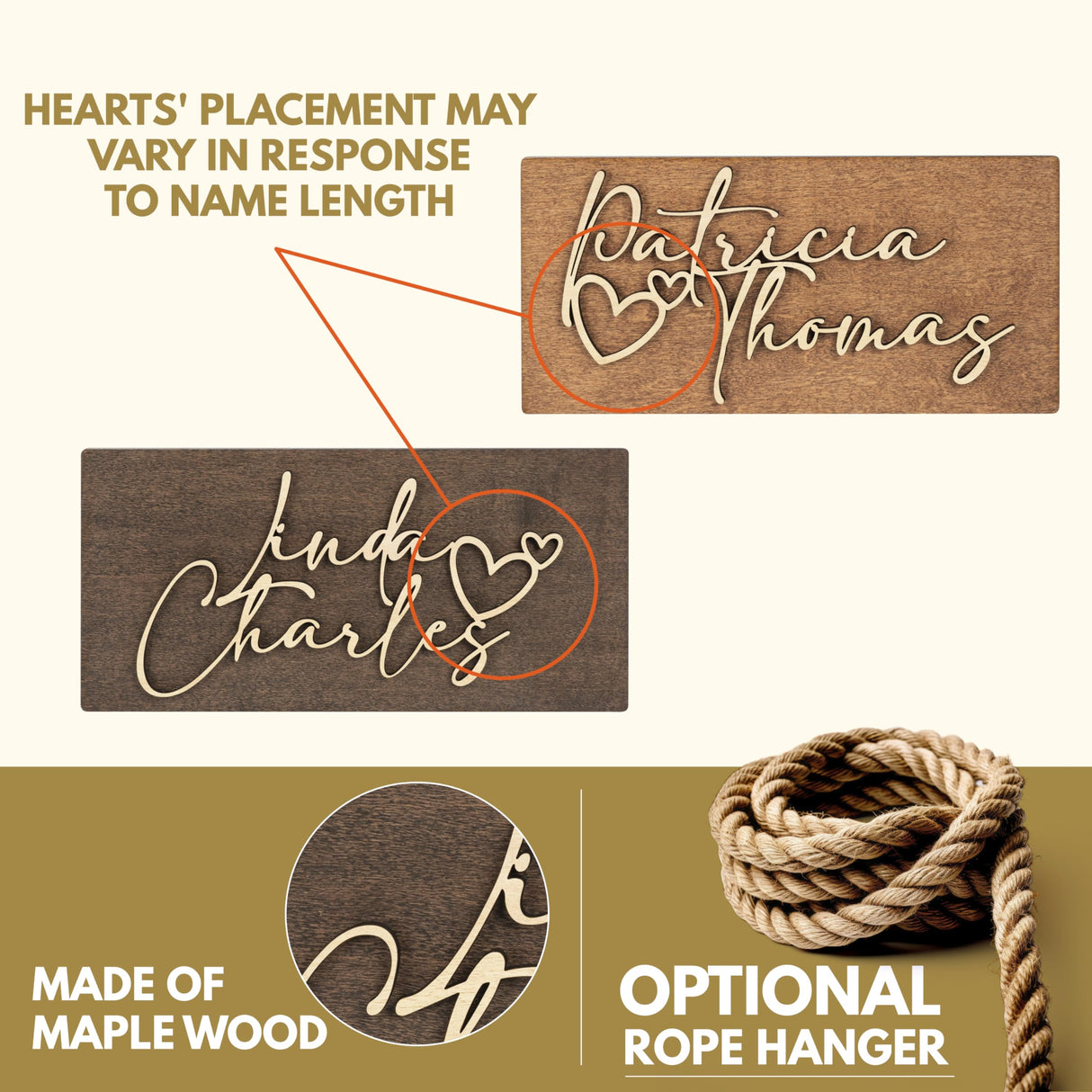 Valentines Day Gifts for Him, Her, Personalized 3D Couples Sign w/Names and Hearts - Walnut, 2 Optional Sizes - Custom 3D Couples names Wood Sign, Customization Mill