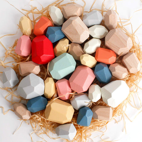 BESTAMTOY 36 PCS Wooden Sorting Stacking Rocks Stones,Sensory Toddler Toys Learning Montessori Toys, Building Blocks Game for Kids 1 2 3 4 5 6 Years BESTAMTOY
