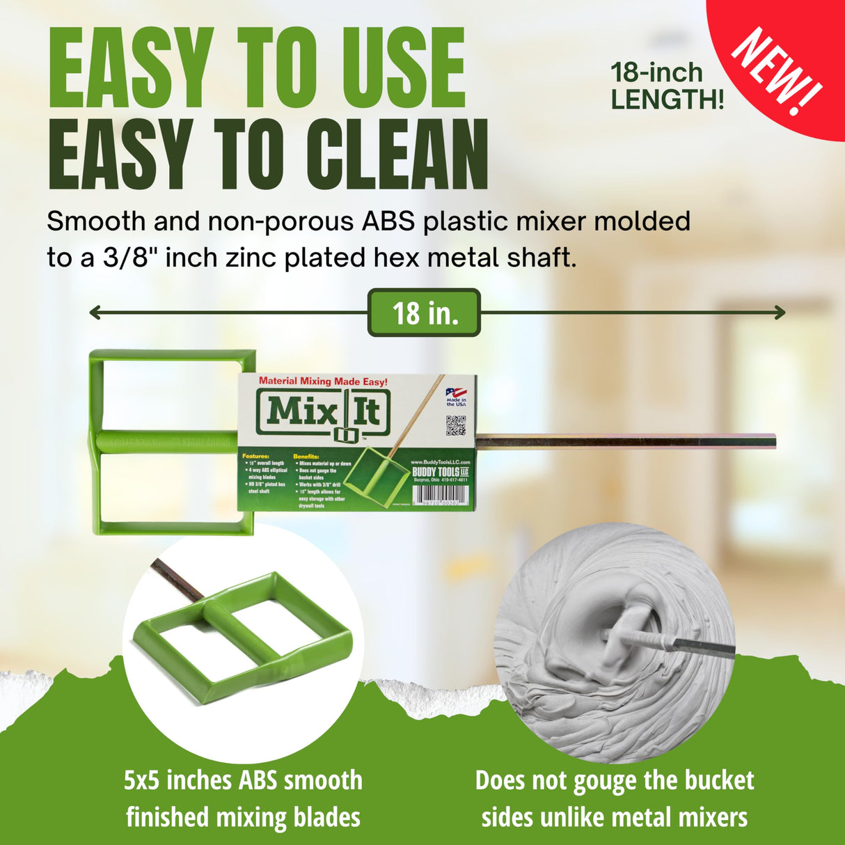 Multi-Material Mixer for Paint, Epoxy Resin, Potting Soil, Joint Compound - ABS Paddle, 18" Length, Non-Slip 3/8" Zinc Plated Hex Shaft for 1/2" Buddy Tools LLC