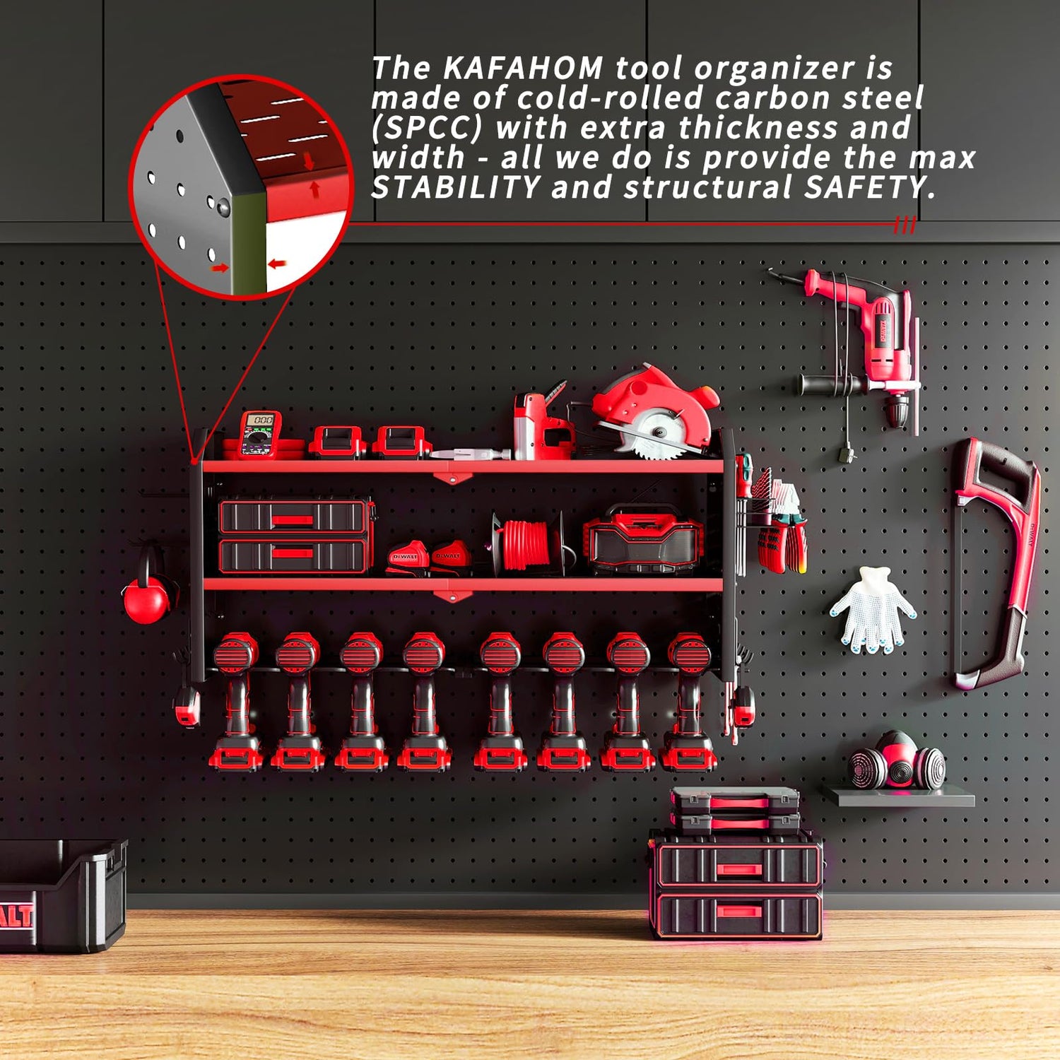 KAFAHOM Power Tool Organizer, Large 8 Drill Holder Wall Mount with 2 Side Pegboards, Heavy Duty Metal Tool Shelf with 12 Hooks, Storage Rack for KAFAHOM