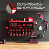 KAFAHOM Power Tool Organizer, Large 8 Drill Holder Wall Mount with 2 Side Pegboards, Heavy Duty Metal Tool Shelf with 12 Hooks, Storage Rack for KAFAHOM