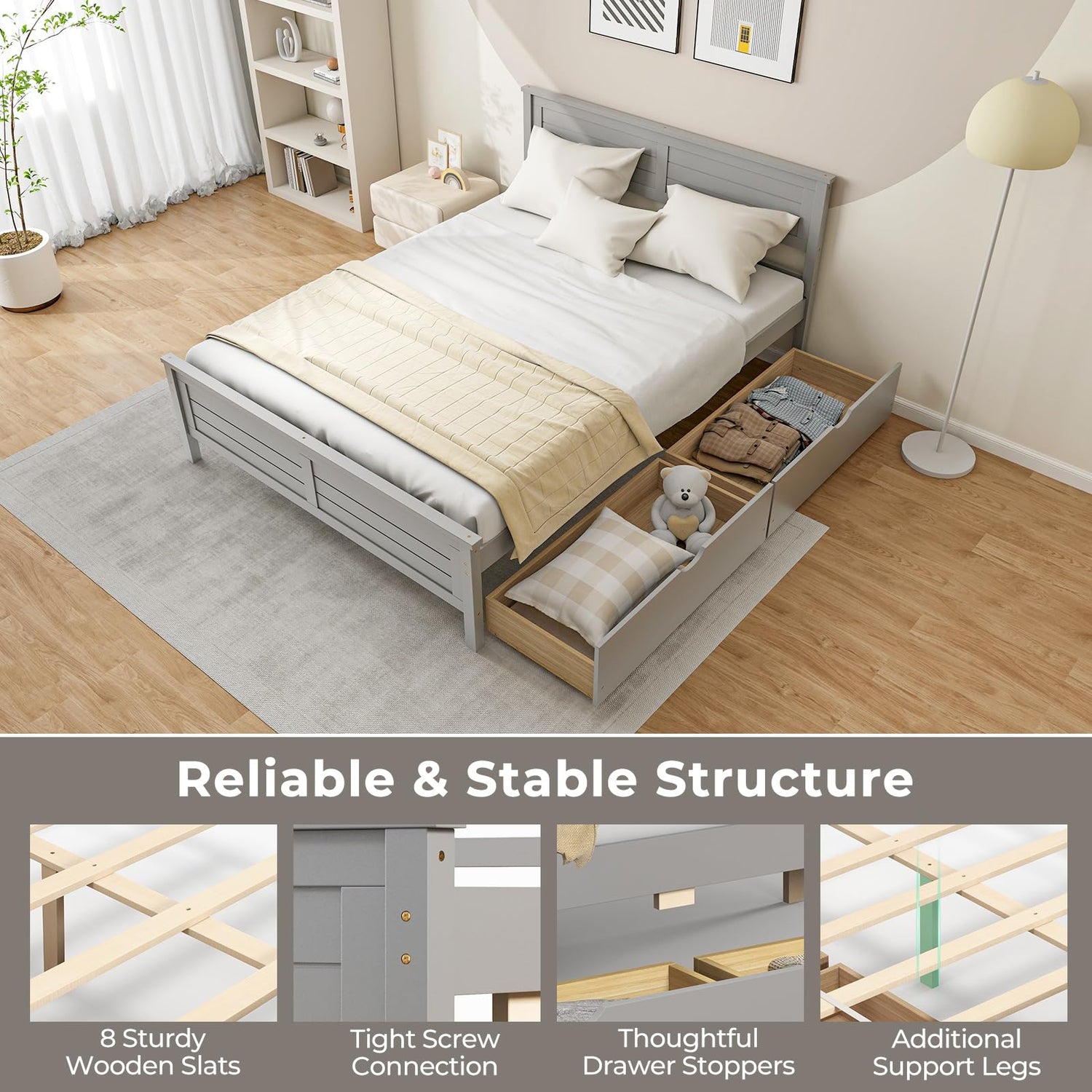 Giantex Grey Solid Wood Full Size Bed Frame with 2 Convenient Storage Drawers Giantex