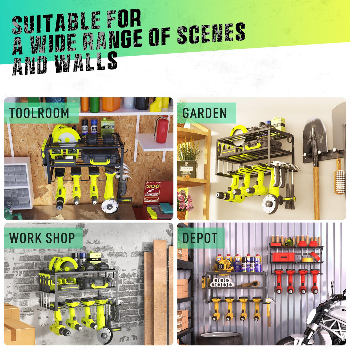 SUNALLY Power Tool Organizer, Power Drill Tool Holder, Heavy Duty Tool Shelf, 3 Layers Tool Rack Cordless Drill Holder, Floating Tool Shelf Wall SUNALLY