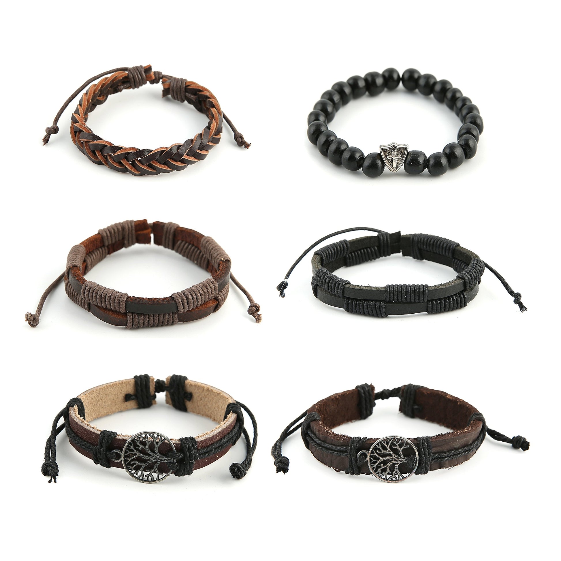 HZMAN Genuine Leather Tree of life Bracelets Men Women, Tiger Eye Natural Stone Lava Rock Beads Ethnic Tribal Elastic Bracelets Wristbands (2Pcs) - WoodArtSupply