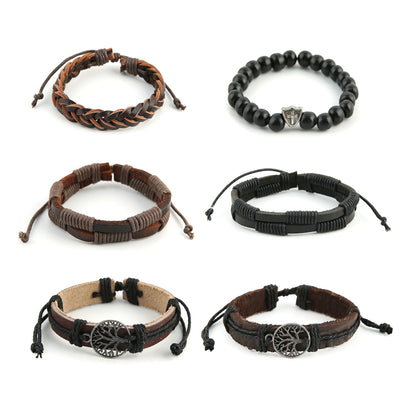 HZMAN Genuine Leather Tree of life Bracelets Men Women, Tiger Eye Natural Stone Lava Rock Beads Ethnic Tribal Elastic Bracelets Wristbands (2Pcs) - WoodArtSupply