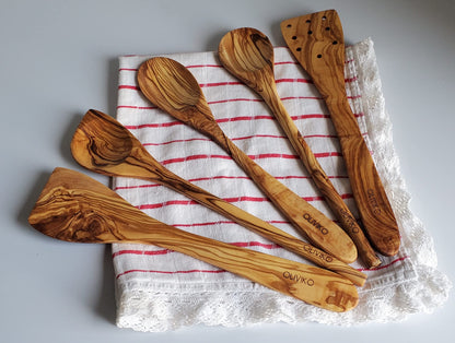 OLIVIKO 100% Olive Wood HANDMADE 5 Spoon Set | Ideal for Nonstick Cookware & Kitchen Utensils | Cooking, Baking & Serving | Eco-friendly & SALAD TONG - WoodArtSupply